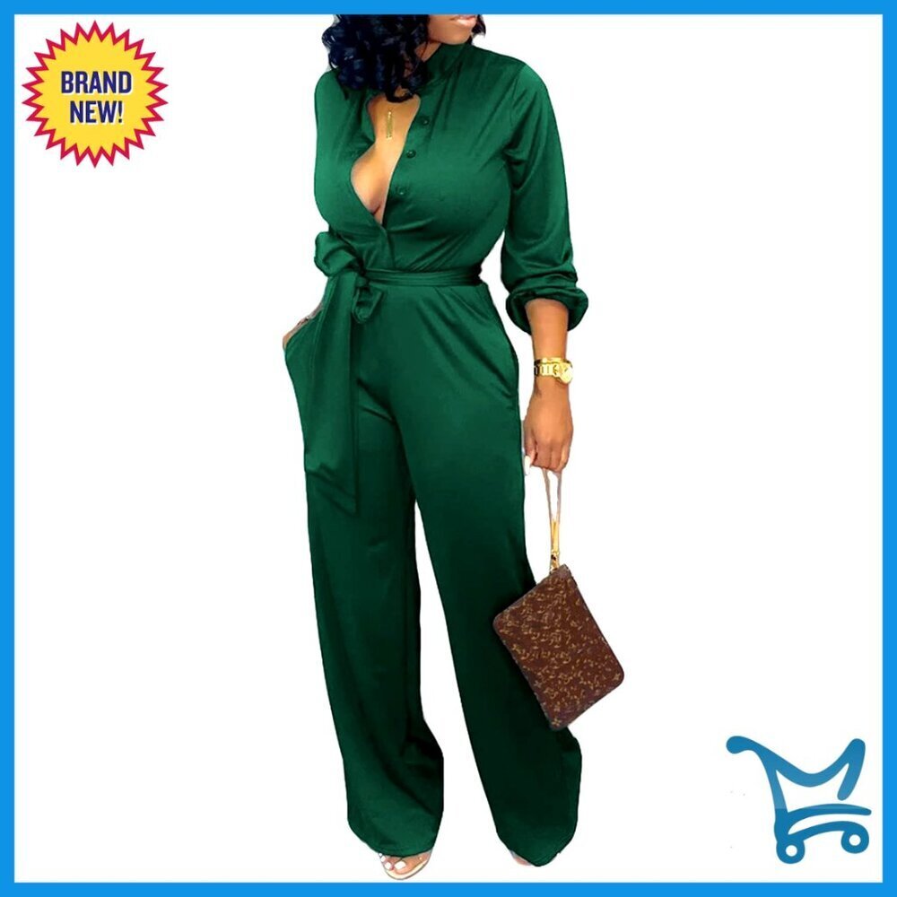 Long Sleeve Jumpsuit with Belt and Pockets for Formal Business Party